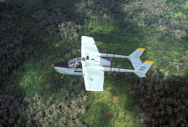 Cessna 0-2 similar to that flown by Capt. “Birddog” Clark Flying over Cambodia.