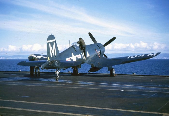 An F4U-4 of VF-1b on board USS Midway, 1947–1948.