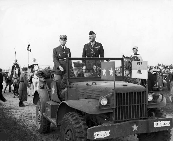 Gen. George Patton and French Gen. Auguste Nogues reviewing American and French troops during a combined parade in Morocco