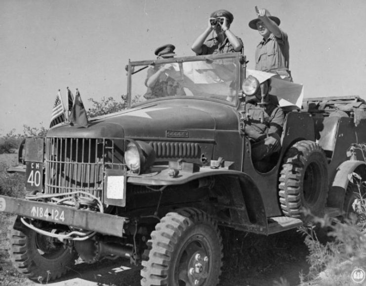 Lord Mountbatten, Allied Commander South East Asia, stands in a ½-ton Dodge Command Car near Mandalay, January 1945.