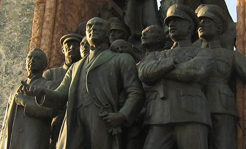 Republic Monument in Taksim Square, Istanbul. Soviet Generals Mihail Frunze and Kliment Voroşilov stand to Mustafa Kemal Atatürk’s left.