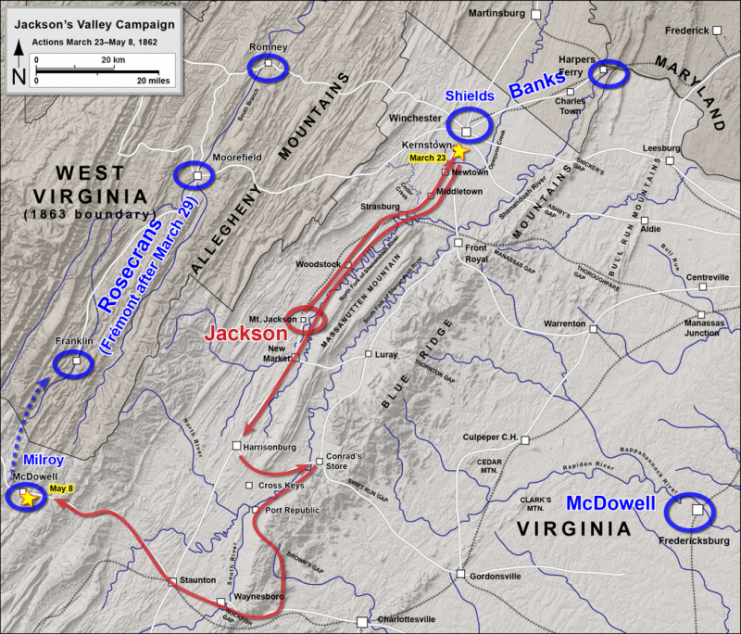 Jackson’s Valley Campaign: Kernstown to McDowell. Red – Confederate, Blue – Union. Map by Hal Jespersen / CC-BY-SA 3.0