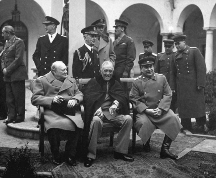 The “Big Three” at the Yalta Conference: Winston Churchill, Franklin D. Roosevelt, and Joseph Stalin.