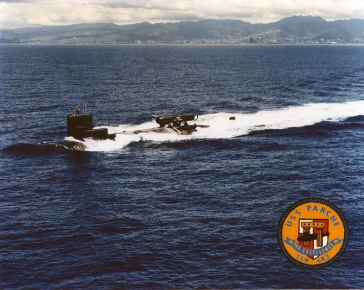 United States Navy attack submarine USS Parche (SSN-683) off Pearl Harbor, Hawaii.
