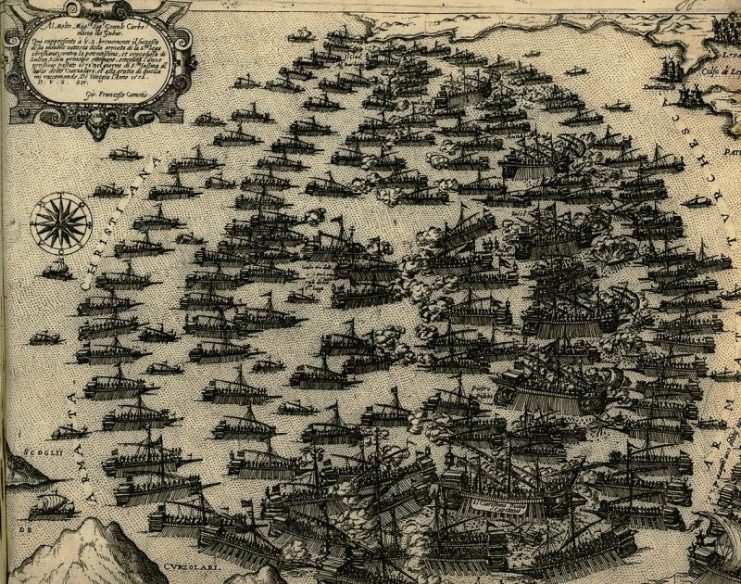 The Ottoman and the Venetian fleet during the Battle of Lepanto in 1571.