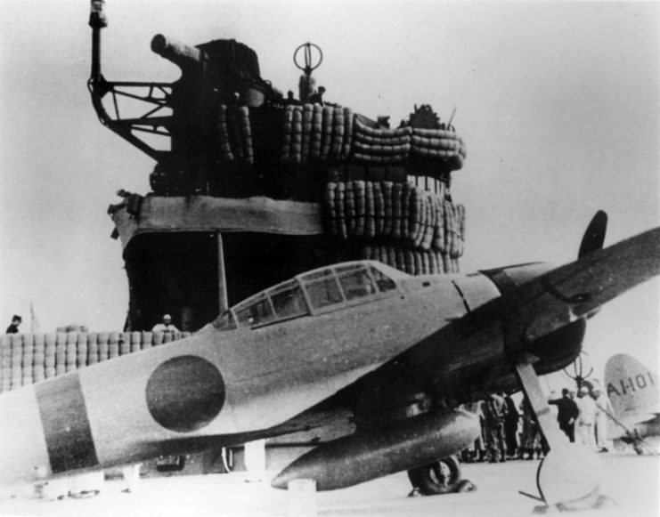 An Imperial Japanese Navy Mitsubishi A6M2 “Zero” fighter on the aircraft carrier Akagi during the Pearl Harbor attack mission.
