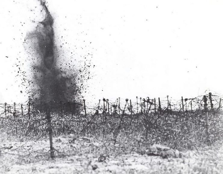 Artillery-fire on a field of barbed wire at Vimy Ridge, 1917