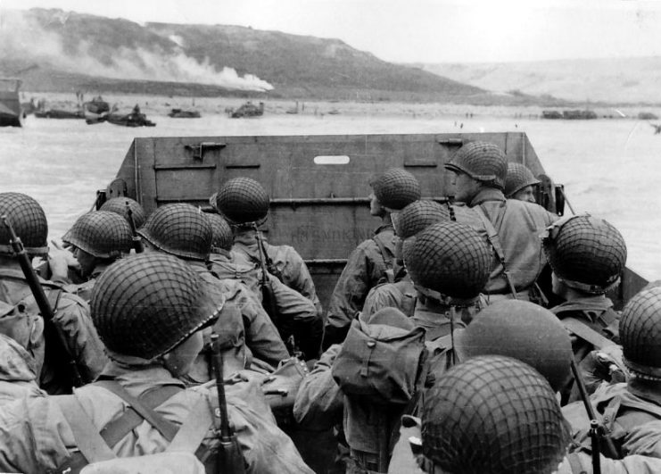 Normandy Invasion, June 1944 Troops in an LCVP landing craft approaching “Omaha” Beach on “D-Day”, 6 June 1944.