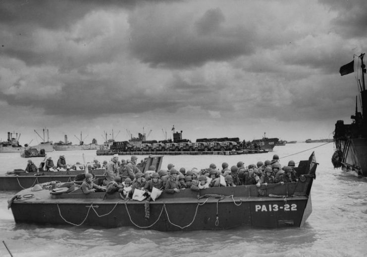 U.S. troops disembarking on Utah Beach, 6 June 1944. The LCVP in the foreground was assigned to the U.S. Navy attack transport USS Joseph T. Dickman (APA-13), which had sailed from England on 5 June and arrived off Utah Beach early the next day.