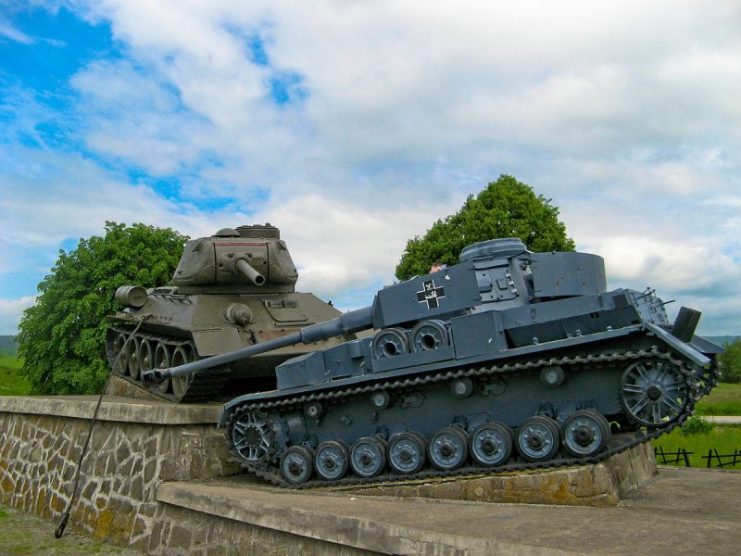 A german Pz-IV J (right) together with a Soviet T-34-85 – memorial of the Battle of the Dukla Pass of 1944, near Ladomirová and Svidník, on the Slovak side of the Dukla Pass.