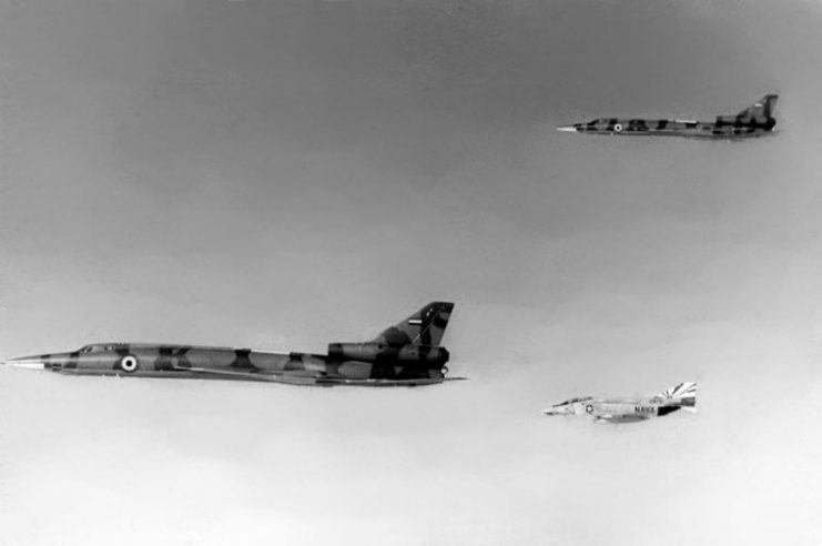 A U.S. Navy F-4N intercepts Tu-22s being delivered to Libya in 1977.