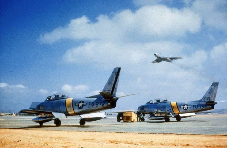 U.S. Air Force North American F-86 Sabre fighters from the 335th Figher Interceptor Squadron, 4th Fighter Group, in Korea in April 1952.