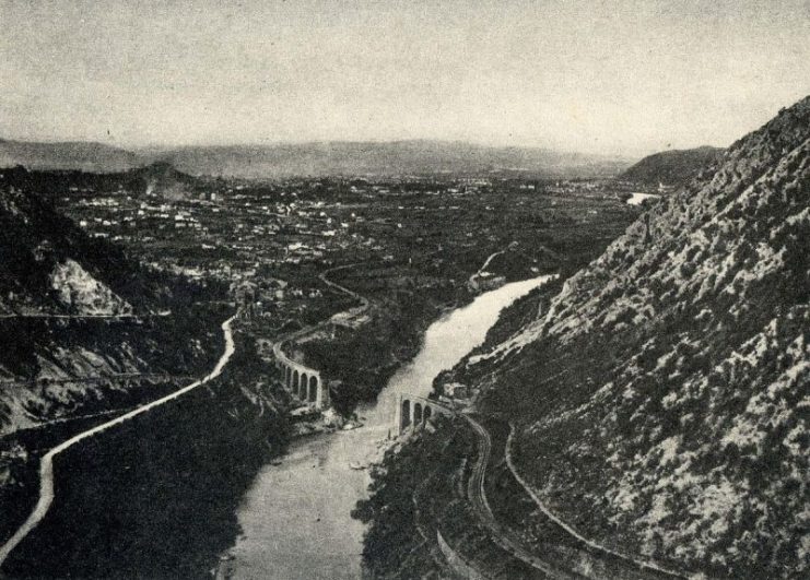The Isonzo near Gorizia with the blown up railway bridge.