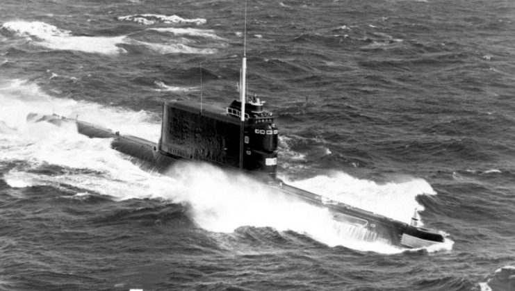 An aerial starboard bow view of a Soviet Golf II class ballistic missile submarine underway.