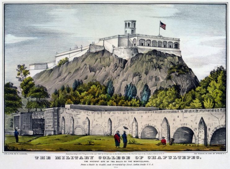 “Military College of Chapultepec”, hand tinted lithograph published by Nathaniel Currier, c. 1847. The flagpole holds a United States flag.