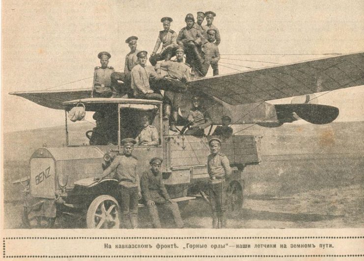 Russian airplane transported on a truck on the Caucasian front, 1916
