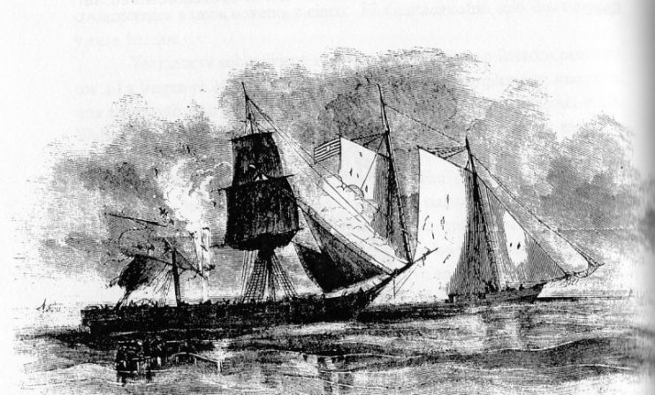 Naval action at San Juan del Sur, Nicaragua, 23 November 1856. Costa Rican “Once De Abril”, and in the background the Nicaraguan filibuster ship of William Walker, schooner “Granada”.