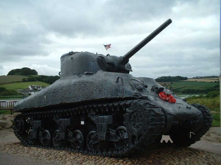 Sherman tank at memorial for those killed in Operation Tiger, Slapton Sands, Devon.