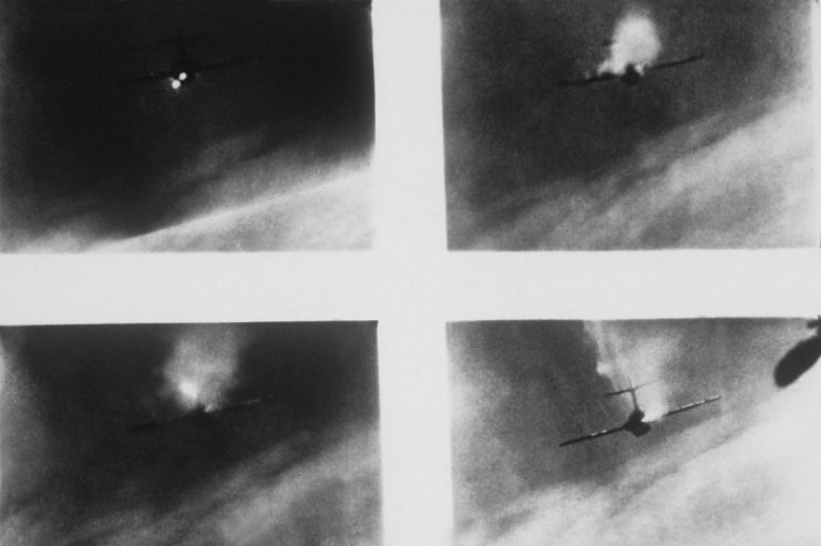 This series of four pictures taken from gun camera film show the beginning of the end of a Russian-built MiG in an air battle high over North Korea, May 18, 1954. The”kill” was recorded by the camera in a U.S. Air Force F-86 “Sabre” jet flown by 2nd Lt James L. Thompson who was credited with the destruction.