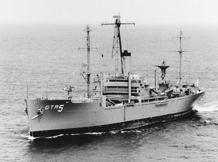 USS Liberty (AGTR-5) underway in Chesapeake Bay.