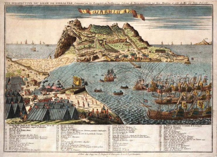 Gibraltar under siege from Spanish fleet and land positions in foreground.
