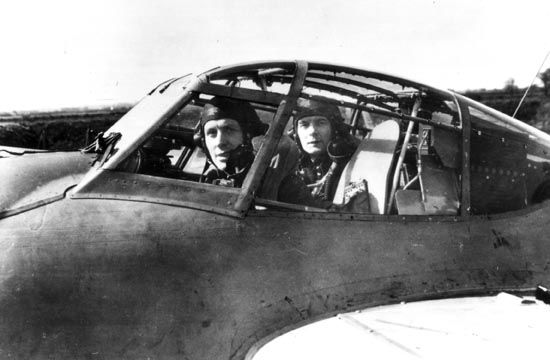 RAF night fighter pilot Eric Loveland and navigator Jack Duffy in the cockpit of their Mosquito March 1945.
