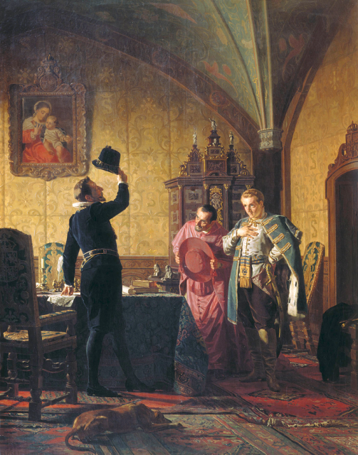 False Dymitry I swearing to Sigismund III of Poland the introduction of Catholicism in Russia.