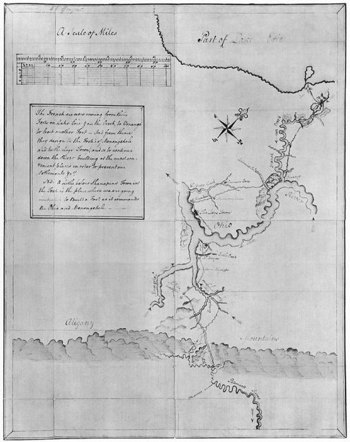 Washington’s map of the Ohio River and surrounding region containing notes on French intentions, 1753 or 1754.