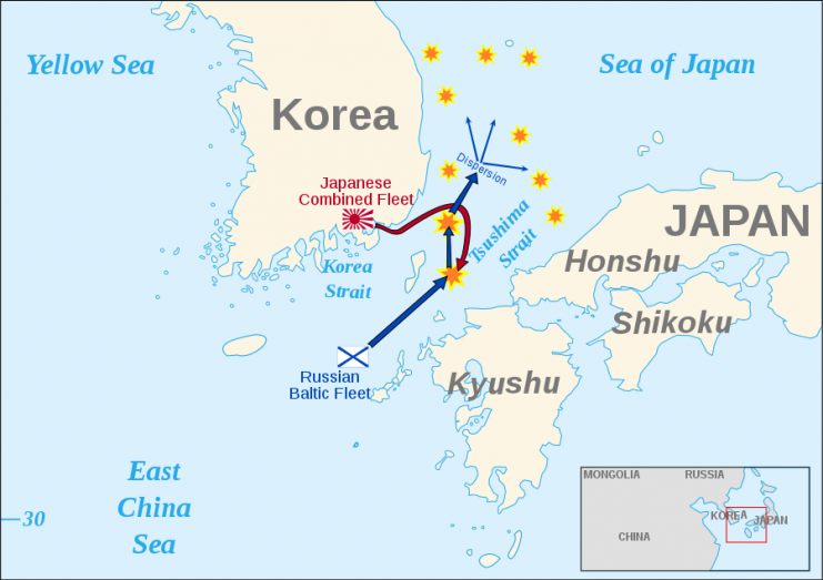 Routes of the Russian and Japanese fleets in the days leading up to the battle. By historicair – CC BY-SA 3.0