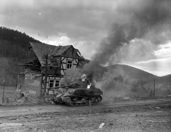 Burning M4A3 76W Sherman tank with Dozer attachments, Oberkirchen Germany 1945