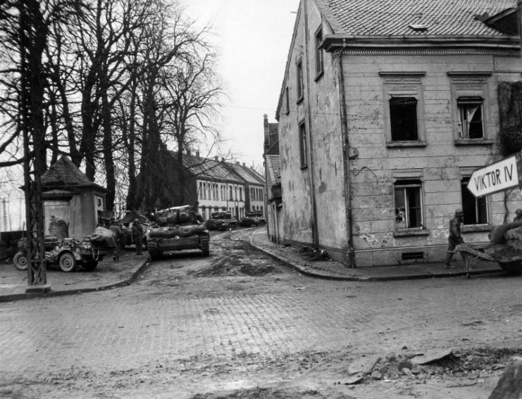 Jeep and Hellcat of the 8th Armored Division at Rheinberg 6 March 1945