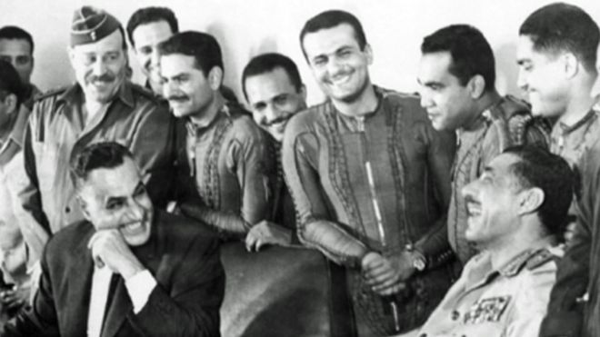 Gamal Abdel Nasser with pilots at a Sinai airbase along the border with Israel prior to the Six Day War in June 1967