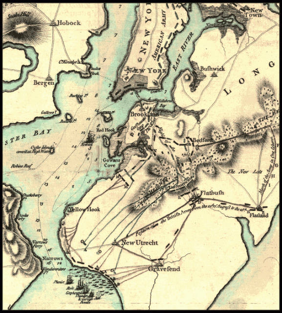 British military map from 1776 showing the marching routes and battle sites during the Battle of Long Island