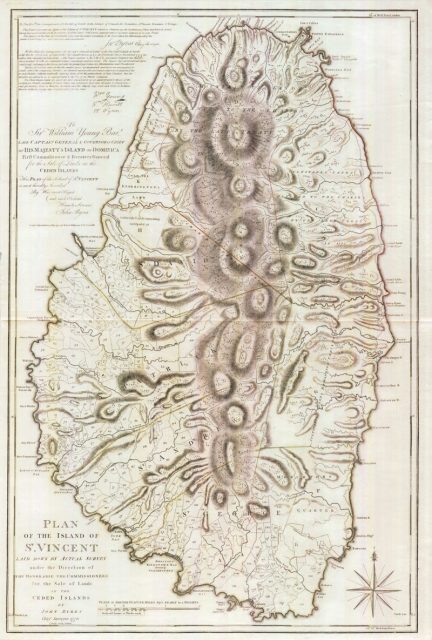 A 1776 map of Saint Vincent, depicting British and Black Carib areas of control.