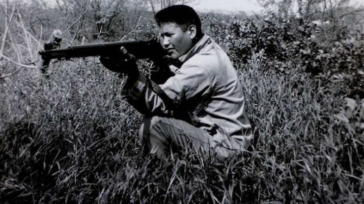 A posed shot of Navajo Code Talker Chester Nez taken during World War II.