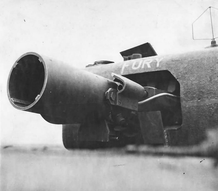 Close Up Petard 290 mm Mortar of Churchill AVRE tank named Fury 1944