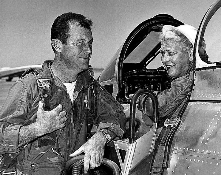 Jackie Cochran in the cockpit of the Canadair F-86 with Chuck Yeager. (Photo courtesy Air Force Flight Test Center History Office)