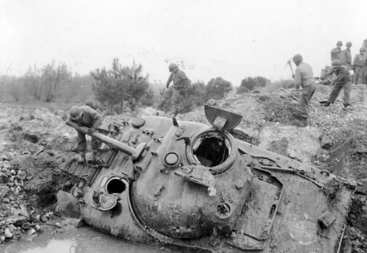American 1st Armored Division M4A1 Sherman Wreck Littoria Italy 1944.