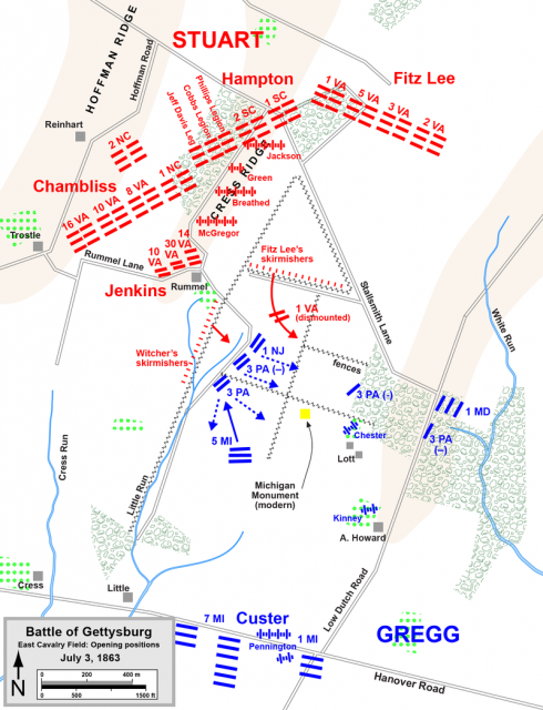 East Cavalry Field at Gettysburg Day 3 – Map by Hal Jespersen, www.posix.com CW CC BY 3.0
