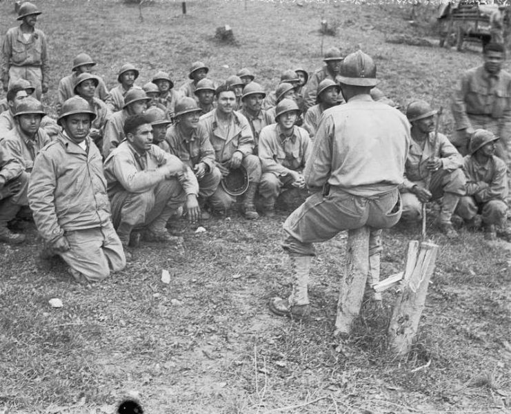 Infantry (known as Goums) of the 2nd French Moroccan Division receive a final briefing before relieving the 34th US Division in the front line near Cassino, winter 1944