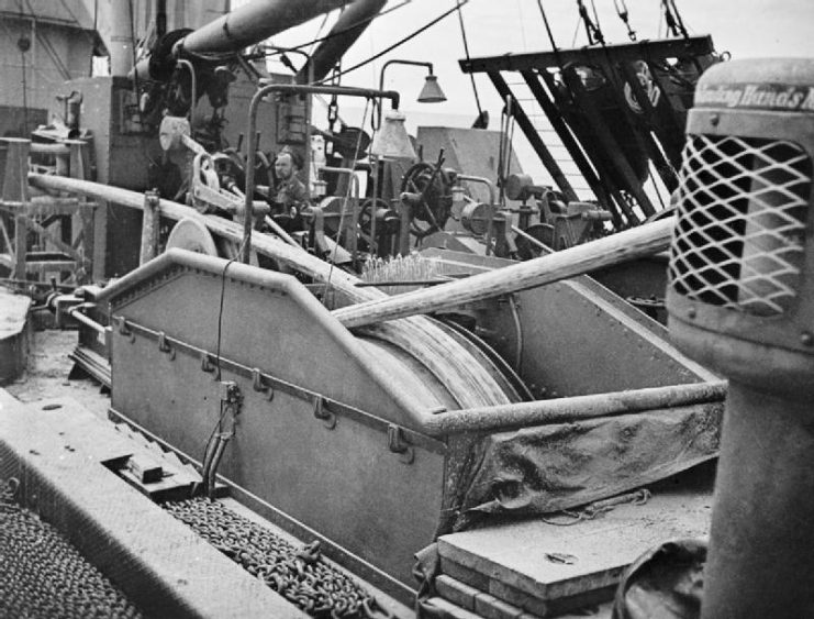 Equipment for laying the underwater pipeline on board HMS LATIMER, a freighter specially adapted to lay cross-channel pipelines.