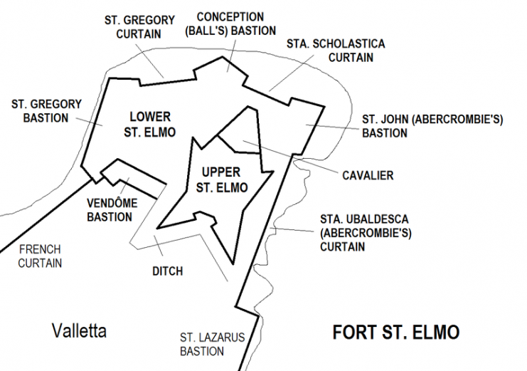Map of Fort St. Elmo in Valleta, Malta – The fort held out for 28 days during the siege. Only 9 soldiers survived. – Xwejnusgozo CC BY-SA 4.0