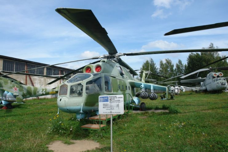 Mi-24 Hind A on display at the Central Air Force Museum in Moscow. Notice the flat windows that were later replaced with “bubble” windows – Bernhard Gröhl CC BY 2.5