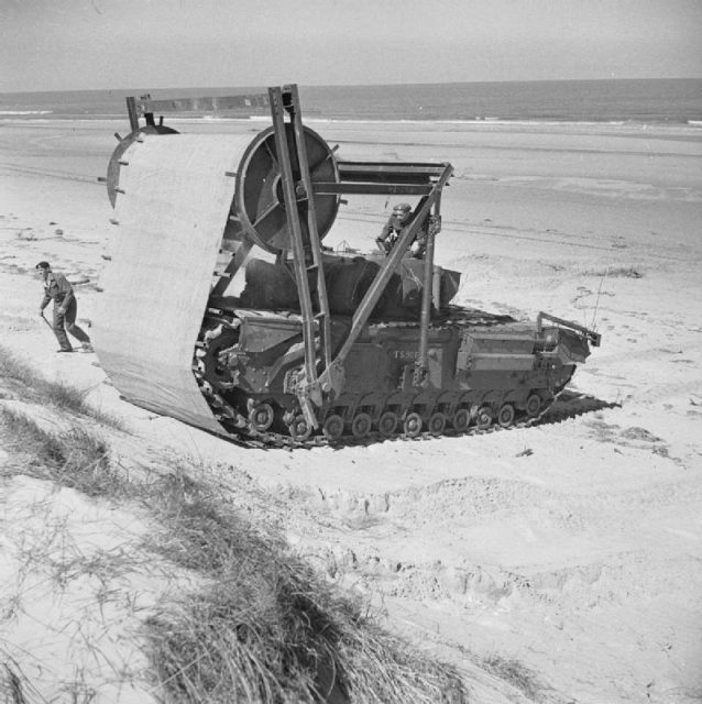 Churchill AVRE (Armoured Vehicle Royal Engineers) Type C Mark II carpetlayer for laying tracks across soft beaches.