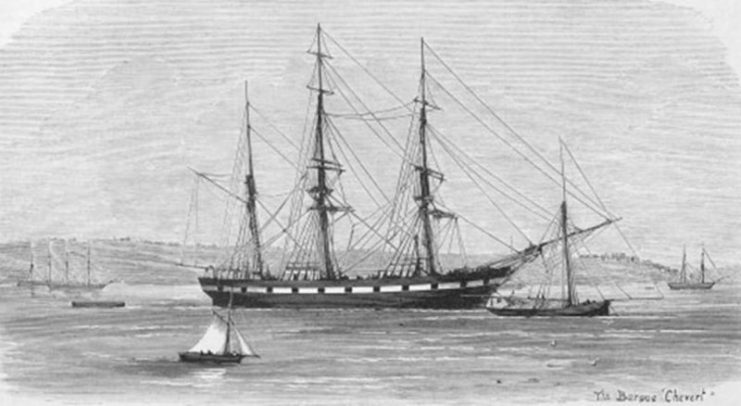 The Barque Chevert moored in Elizabeth Bay, 1875, prior to the departure of the New Guinea Expedition. Anonymous, ‘The New Guinea Expedition’, Australasian Sketcher June 12, 1875, 38 & 44.
