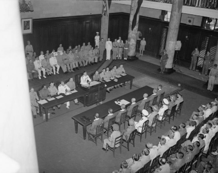 The Japanese Southern Armies surrender at Singapore on September 12, 1945. General Itagaki surrendered to the British represented by Lord Mountbatten at Municipal Hall, Singapore.