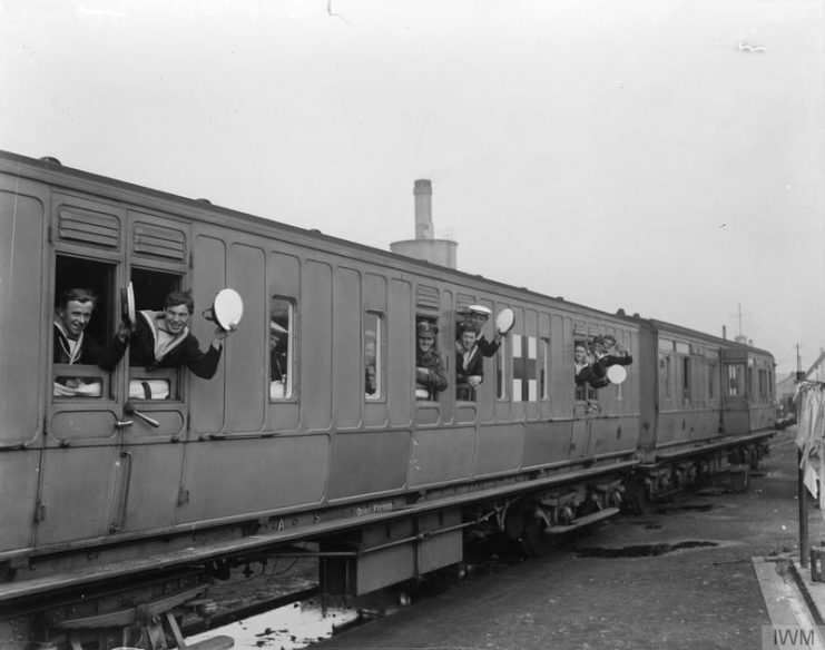 A Naval ambulance train loaded with convalescent patients leaving the Royal Naval Hospital, Chatham.