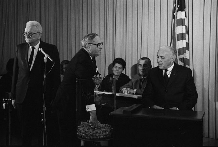 US Representative Alexander Pirnie (N.Y) draws the first number of the 1969 Draft Lottery