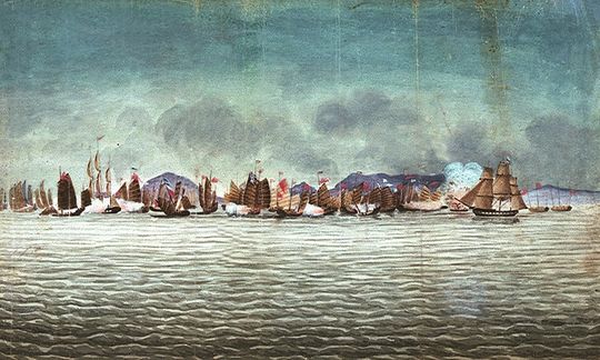 Engagement between British and Chinese ships in the First Battle of Chuenpi, 1839.