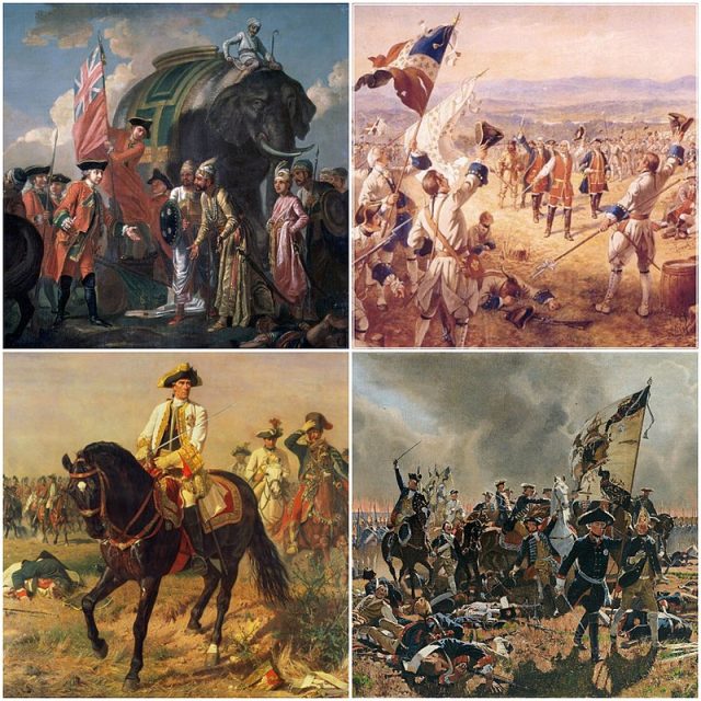 Seven Years’ War Collage based on these files: Lord Clive meeting with Mir Jafar after the Battle of Plassey, 23 June 1757 The Victory of Montcalm’s Troops at Carillon, 6-8 July 1758 Frederick the Great at the battle of Zorndorf, 25 August 1758 General von Laudon at the battle of Kunersdorf, 12 August 1759